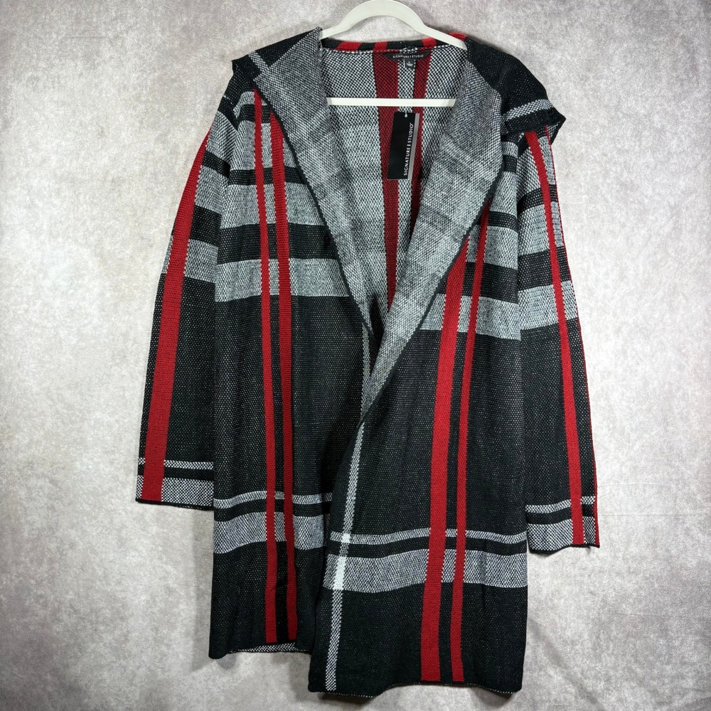 Signature Studio Cardigan Sweater Womens Large Black Red Plaid Open Front‎ Knit
